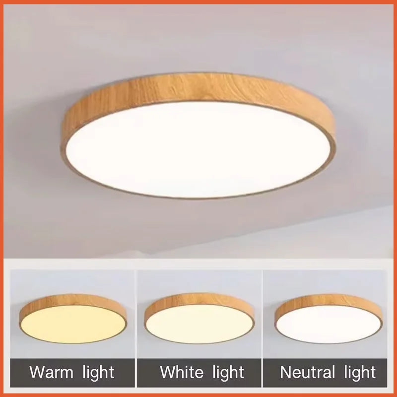 Modern Nordic LED Ceiling Light Round Fixture with Wood Accent for Bedroom Living Room Study Hallway Indoor Decor
